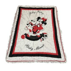 VTG Disney Babies Baby Mickey Minnie Blanket Quilt Lace Trim Polka Dot Red Black
